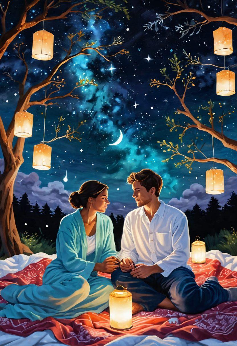 A serene scene depicting two individuals enjoying a deep conversation under a starlit sky, surrounded by glowing constellations symbolizing connection and compatibility. They sit on a cozy blanket, with soft lanterns illuminating their faces, showcasing warmth and intimacy. Subtle elements like intertwined hearts and puzzle pieces float in the background, representing the journey from friendship to soulmates. enchanting nightscape, soft focus. vibrant colors. painting.