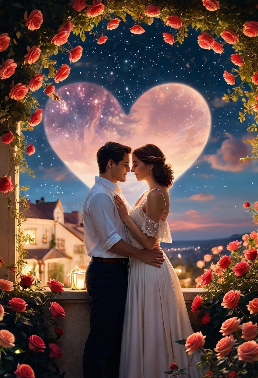A romantic scene featuring a couple sharing a tender moment under a starlit sky, surrounded by blooming roses symbolizing love. Soft, warm colors illuminate their faces as they exchange loving glances, emphasizing connection and intimacy. In the background, subtle hints of a heart-shaped light create an atmosphere of warmth and romance. Dreamy and enchanting. soft focus. vibrant colors.
