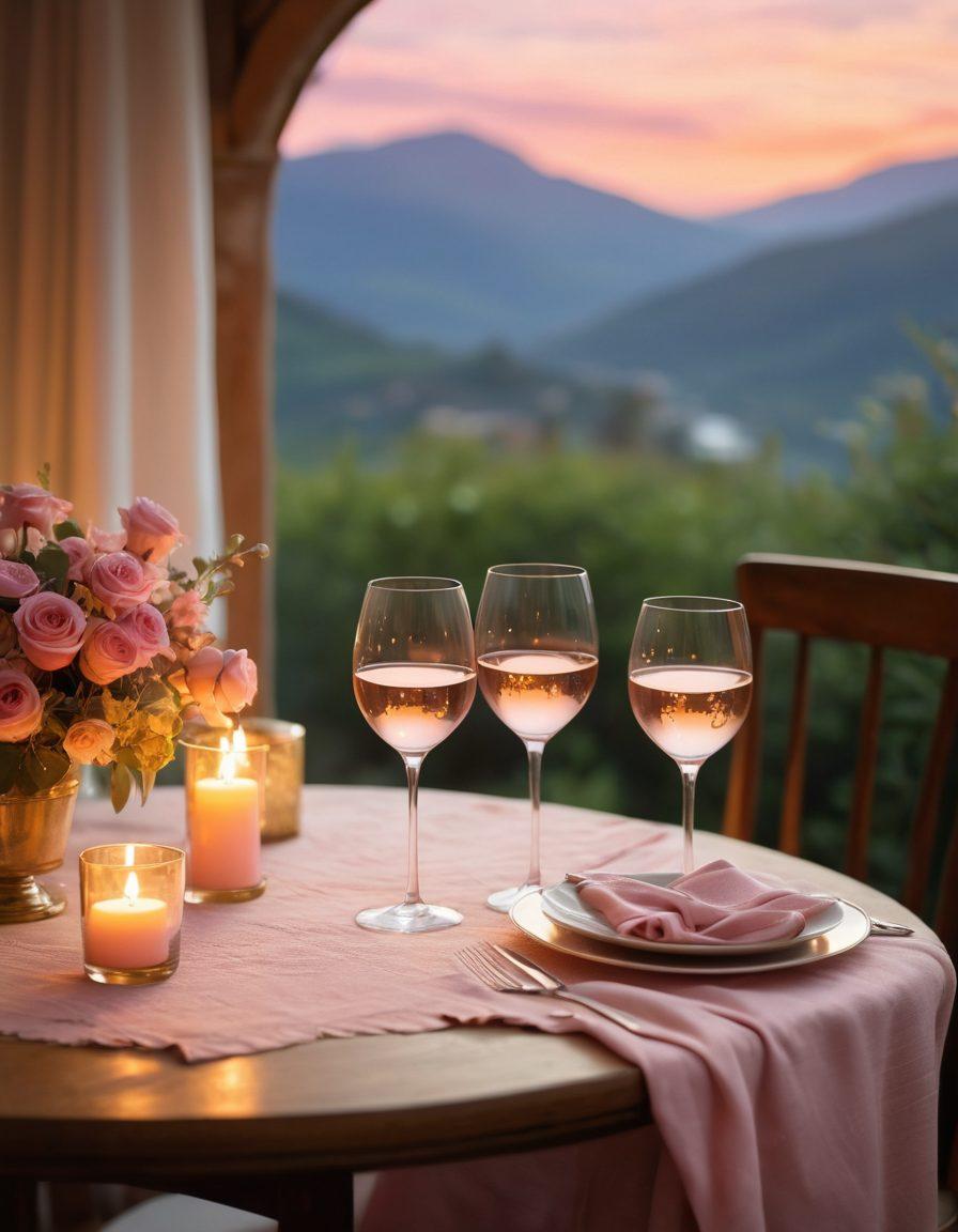 A cozy, intimate setting with a beautifully set table for two lit by soft candlelight, surrounded by lush flowers and soft fabrics, embodying a warm, romantic atmosphere. Include two wine glasses clinking in the foreground symbolizing connection, and soft heart-shaped bokeh in the background. Enchanting twilight hues of pink and gold fill the sky, creating a dreamy ambiance. super-realistic. vibrant colors. warm tones.